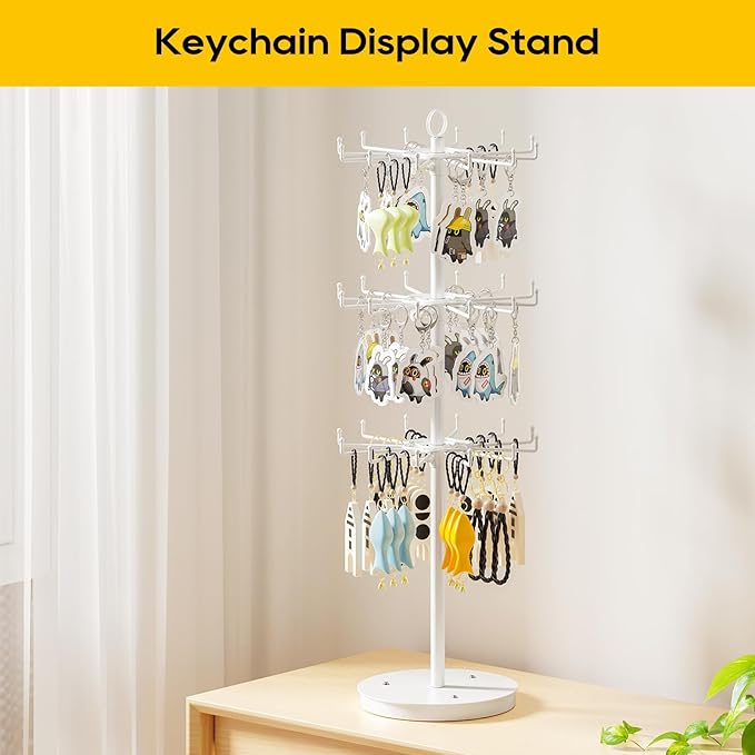 ORLESS 3 Tier Rotating Jewelry Display Stand, Keychain Display Stand with 36 Hooks, Metal Retail Display Spinning Holder for 