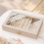 bussdis Glass Lid Jewelry Organizer Box – Beige Velvet Jewelry Case with Ring Slots, Necklace Hooks & Removable Compartments 