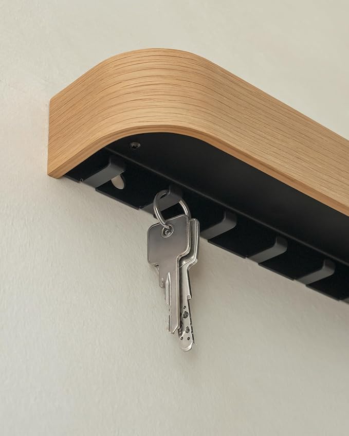 Kazai. Key Holder 'Toke' | Minimalist Key Hook Design from Berlin | Modern Key Holder Wall Mount with Wooden Shelf | Key Rack