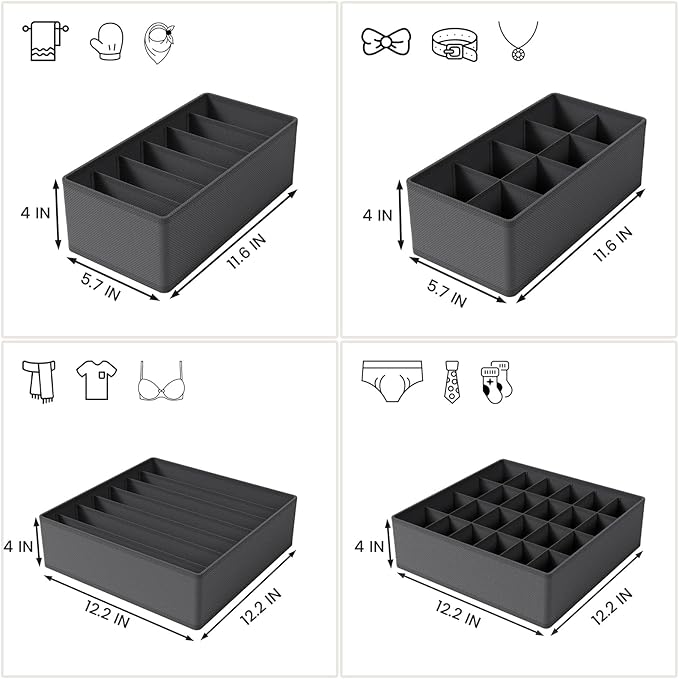 Drawer Organizer Clothes Set, 4 Pack Foldable Dresser Closet Dividers (6/8/7/24-Cell), Non-Woven Underwear & Sock Drawer Orga