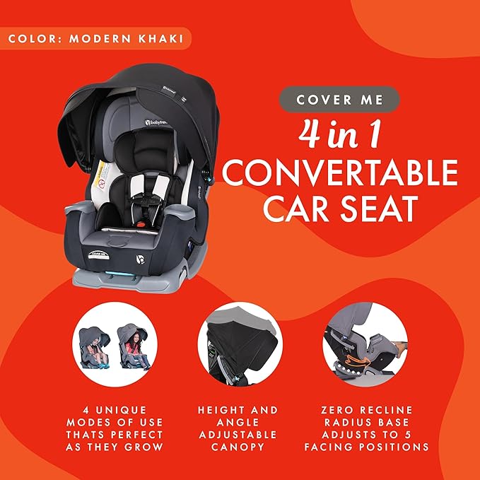 Baby Trend Cover Me 4-in-1 Infant Toddler Convertible Car Seat with Adjustable/Removable Canopy for Sun Protection & 2 Cup Ho