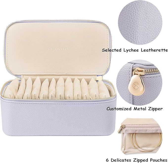 VLANDO Travel Jewelry Box Organizer – Portable PU Leather Jewelry Case with 6/8/12 Zippered Pouches, Compact Storage for Earr