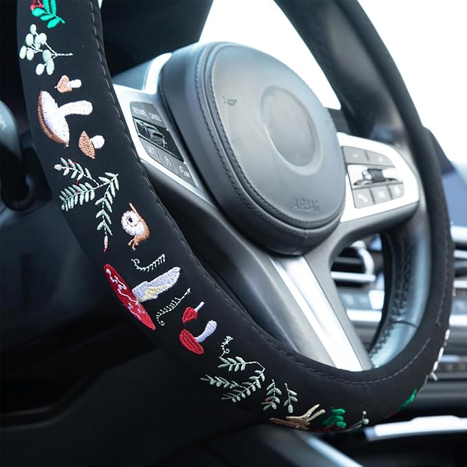 Embroidered Mushroom Snail Cute Steering Wheel Cover, Auto Anti-Slip Breathable Steering Wheel Protector,Mushroom Car Accessories for Women,Universal Size Fit Most Cars -15 inch