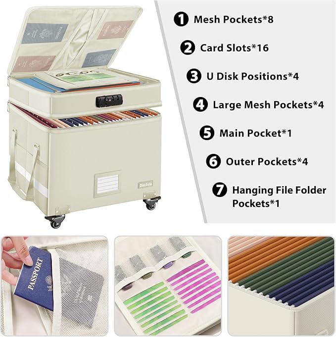 DocSafe Fireproof Document Box with Lock,2-Layer File Box with Wheels,Collapsible File Storage Organizer with Pockets,Large P