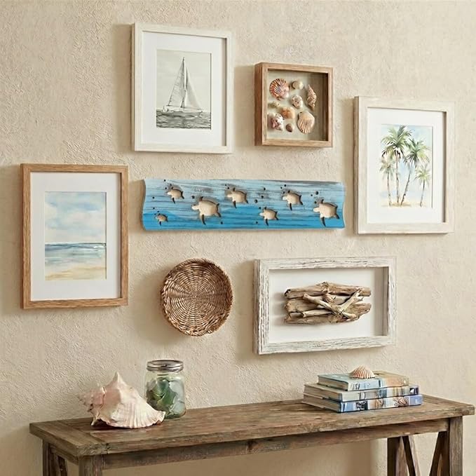 Sea Turtle Driftwood Wall Art & DIY Key Holder – Handmade Coastal Home Decor – 17.5" Genuine Weathered Wood Plank with 5 Remo