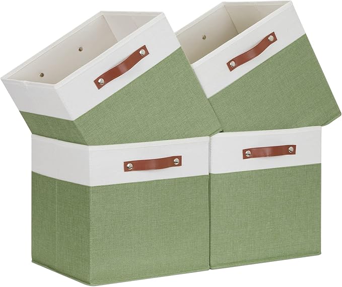 Temary 13 Inch Cube Storage Bin 4 Pack Fabric Storage Cubes Fabric Storage Bin for Shelf, Cube Storage Basket with Leather Ha