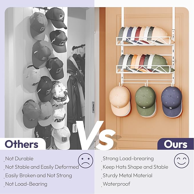 SWTYMIKI Over Door Hat Organizer - 3 Tier Wall Mounted Hat Rack with 2 Adjustable Metal Basket and 3 Hooks, Hanging Baseball 