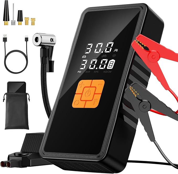 Preciva 8000mAh Jump Starter - 8000A Peak Car Battery Charger with Smart Air Compressor (150PSI), Tire Repair Kit, Power