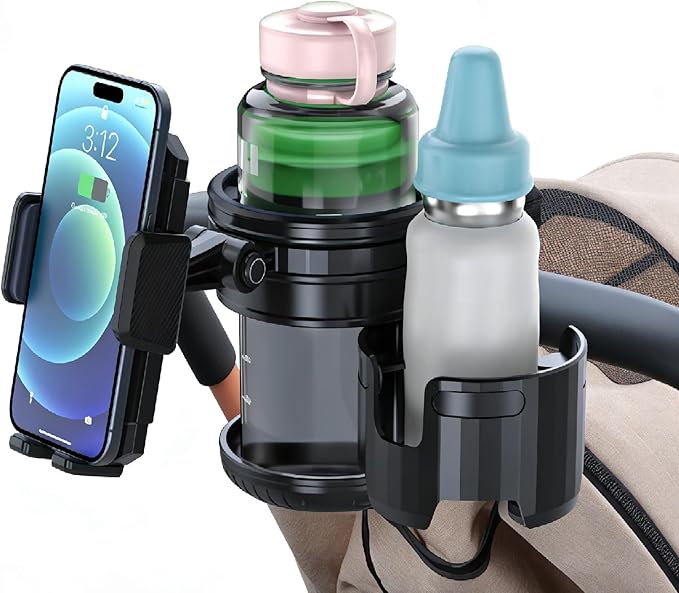 3-in-1 Stroller Cup Phone Holder Attachment, Universal Cup Holder with Adjustable Phone Mount, Double Cup Holder for Walker, 