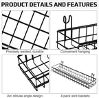 Blulu 4 Pcs 15.75 x 3.94 x 1.97 Inch Metal Grid Wall Baskets with Hooks Grid Wall Shelves Hanging Wire Basket Multi Function 