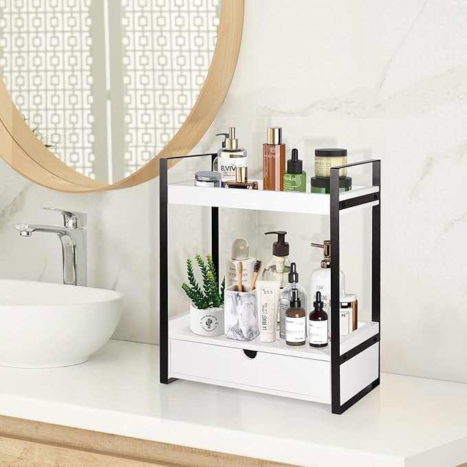 2-Tier Wooden Counter Shelf with Drawer, Vanity Tray for Organization and Decor, Countertop Organizer for Bathroom and Kitche