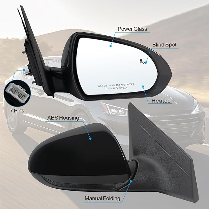 Right Passenger Side Mirror Compatible With 2017 2018 2019 2020 Hyundai Elantra With Power Glass Heated Blind Spot Black Replace#87620F3020(7Pins）