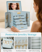 TORIBIO Jewelry Box for Women, Leather Jewelry Organizer with Mirror & Lock, 5-Tier Jewelry Storage Organizer with 4 Drawers 