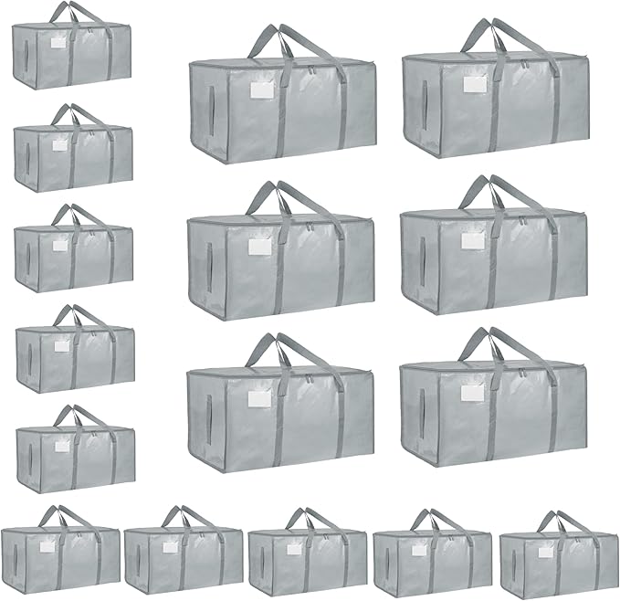 16 Pack-Extra Large Heavy Duty Moving Bags - Waterproof Storage Totes with Handles & Zippers, Foldable for College Dorm, Stor