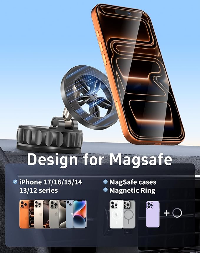 2026 Upgraded Car Phone Holder for Magsafe [125+ LB Strongest Suction & 3000gf Strongest Magnetic] 360° Adjustable Car Phone Mount, Phone Holders for Your Car for iPhone 17 Pro Max 16 15 14 13 12 Plus