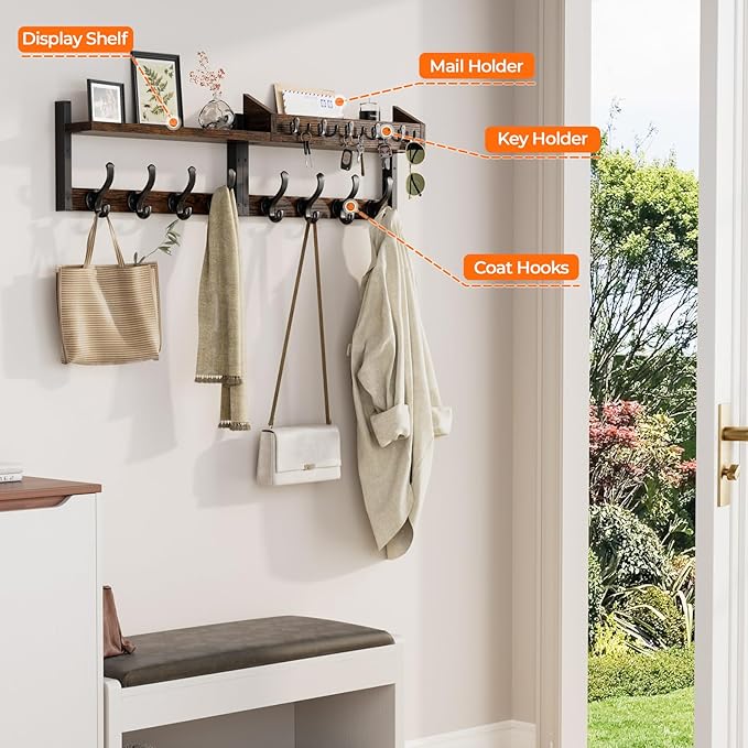 Evermagin 35" Coat Rack Wall Mount with Shelf, 4 in 1 Coat and Key Hanger with 13 Metal Hooks, Entryway Wall Mounted Shelf wi