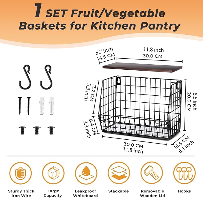 Wawocs Fruit Basket for Kitchen Counter, Fruit Bowl Stackable Wall Mounted Hanging Fruit Basket Wire Basket with Wood Lid wit