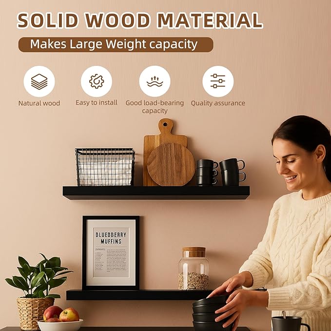 Floating Shelves for Wall, 23.6 inch Long Set of 3 Wood Rustic Wall Mounted Shelves, Display Shelf with Invisible Heavy, Larg