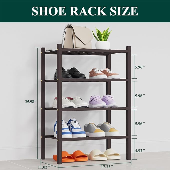 Smiry Shoe Rack, 4 Tier Thick Small Bamboo Shoe Organizer, Stackable Free Standing Wooden Shoe Storage Shelf for Closet, Entr