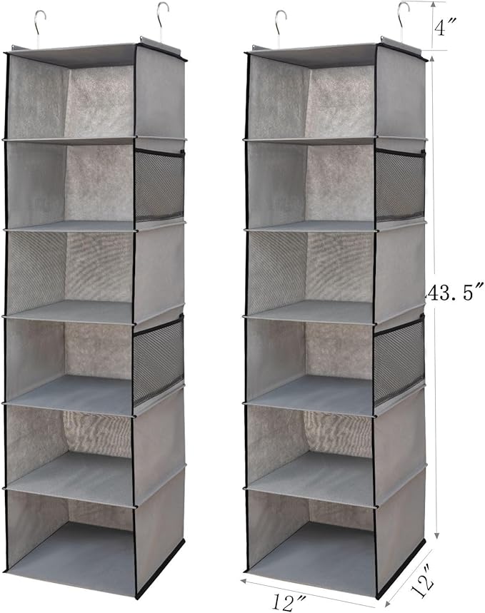 BrilliantJo 6 Shelves Hanging Closet Organizer, 2 Pack Hanging Storage with 4 Side Pockets for Clothes Shoes, 43.5"x12"x12"(G