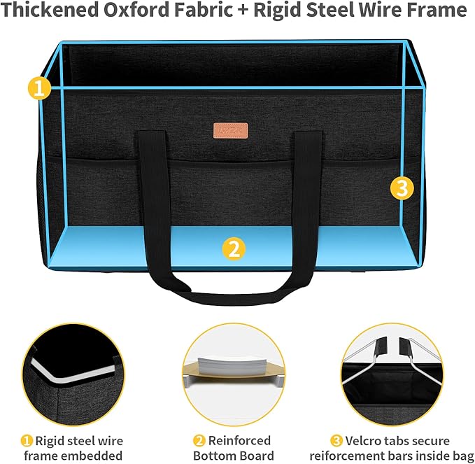 LHZK Stand Up Extra Large Utility Tote Bag with Lid, Utility Tote Bag with Metal Wire Frame and the Sides Rinforced, Reusable