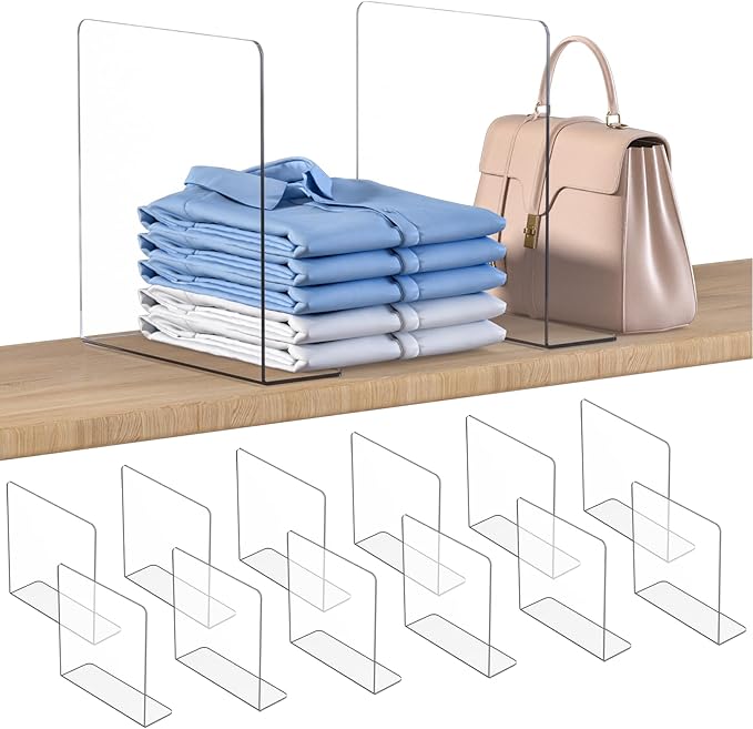 OKPOW Shelf Dividers Closet Organizer - 12" Tall X 11.8" Deep Acrylic Clear Sturdy Separate for Clothes Purse - Adjustable Sp