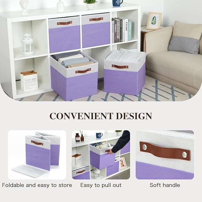 Temary Foldable Cube Baskets 4Pack - Clothes Shelf Storage with Handles, Fabric Storage Organizer Bins (White&Purple, 13x15x1