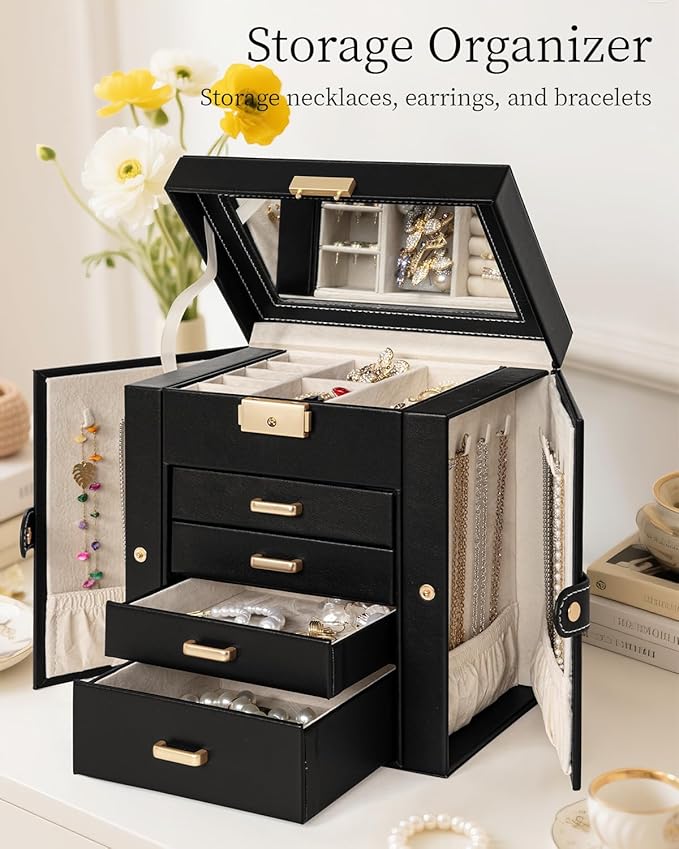 TORIBIO Jewelry Box for Women, Leather Jewelry Organizer with Mirror & Lock, 5-Tier Jewelry Storage Organizer with 4 Drawers 