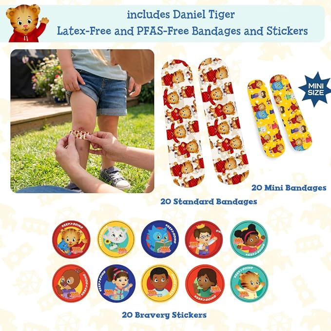 KeepGoing Daniel Tiger’s Travel First Aid Kit for Kids – 130 Pc. for Car, Home, Purse, Diaper Bag & Backpack with Latex-Free 