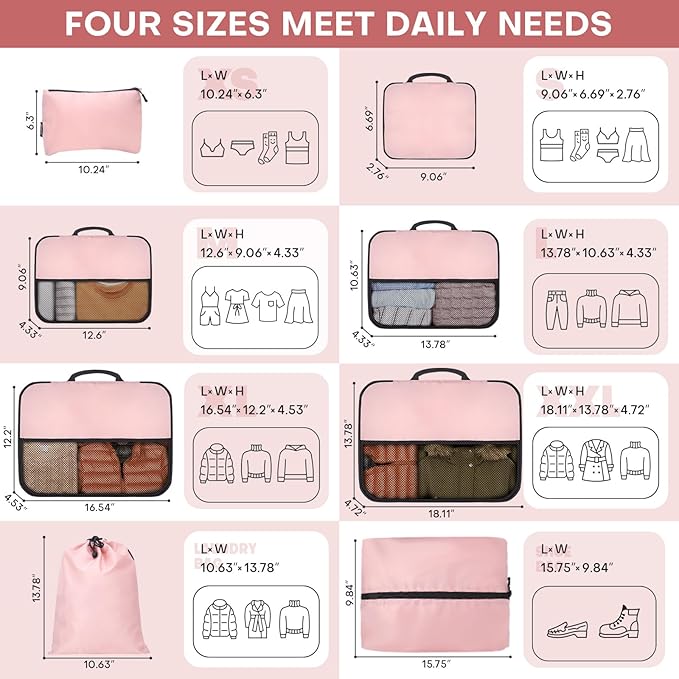 SDGFUI 8 PCS Compression Packing Cubes for Travel Women, Compression Bags Organizer for Luggage Space Saving Travel Essential