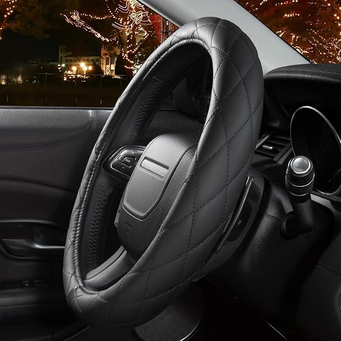 Heated Steering Wheel Cover - WARMITORY Luxury Steering Wheel Heater, 12V Quick Hand Warmer, 14.5-15 inches Outer Diameter for Standard-Size Car Steering Wheels(Leatheret PU)(Black)