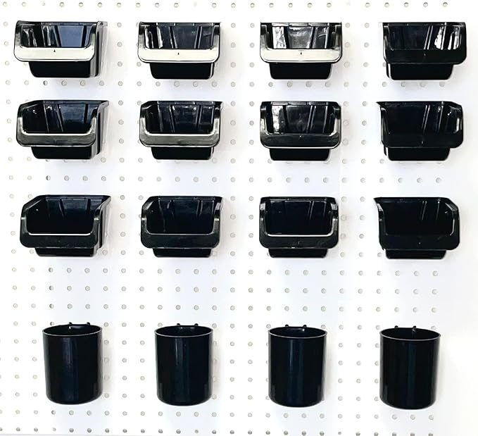 WallPeg Pegboard Bins & Cups - 12 Each 5" Bins and 4 Each 5" Cups - Hooks to Peg Board Panel Organize Hardware Arrange Access