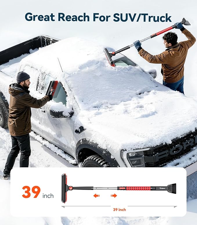 All-Around High-Efficiency Cleaning 39 inch Extendable Snow Brush and Ice Scraper with Squeegee, Ice Scrapers for Car Windshield, Truck, SUV Snow Removal Tool, Winter Car Accessories