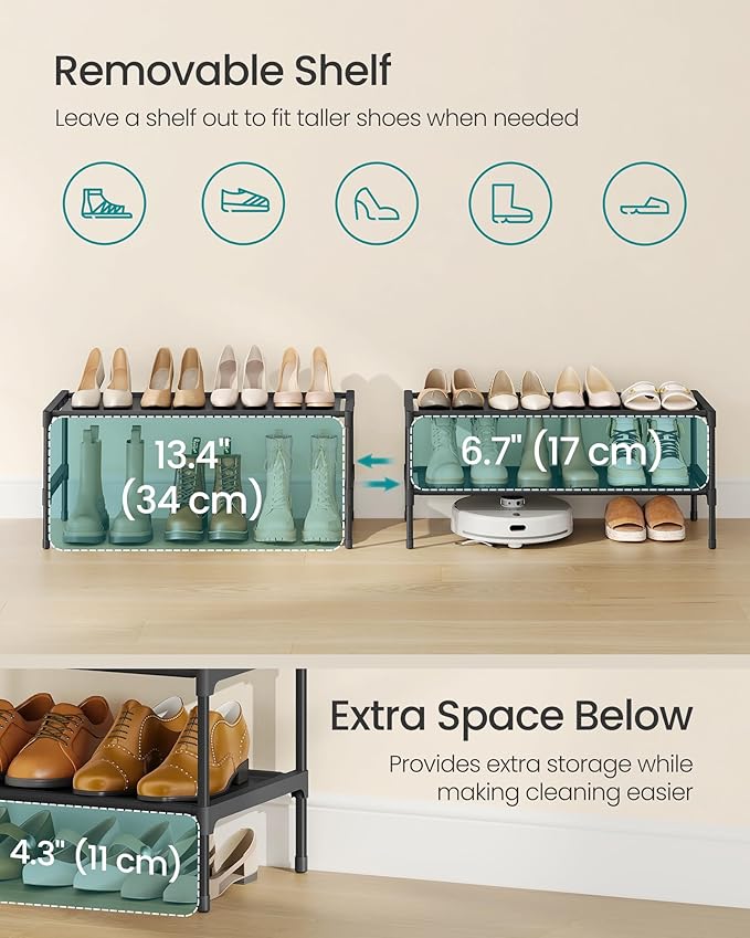 SONGMICS Shoe Rack, 2-Tier Shoe Storage Organizer, Space-Saving, 11.7 x 24.5 x 12.2 Inches, Entryway, Metal Frame, Non-Woven 