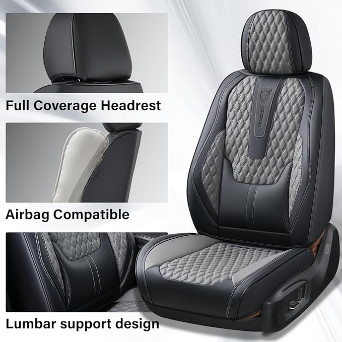 Coverado Car Seat Covers Full Set, Nappa Leather Seat Covers for Car, Waterproof Car Seat Protector with Lumbar Support, Auto
