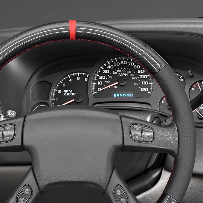 MEWANT Hand Stitch Steering Wheel Cover for Chevy Silverado 1500 2003-2006 Carbon Fiber Faux Leather Steering Wheel Wrap