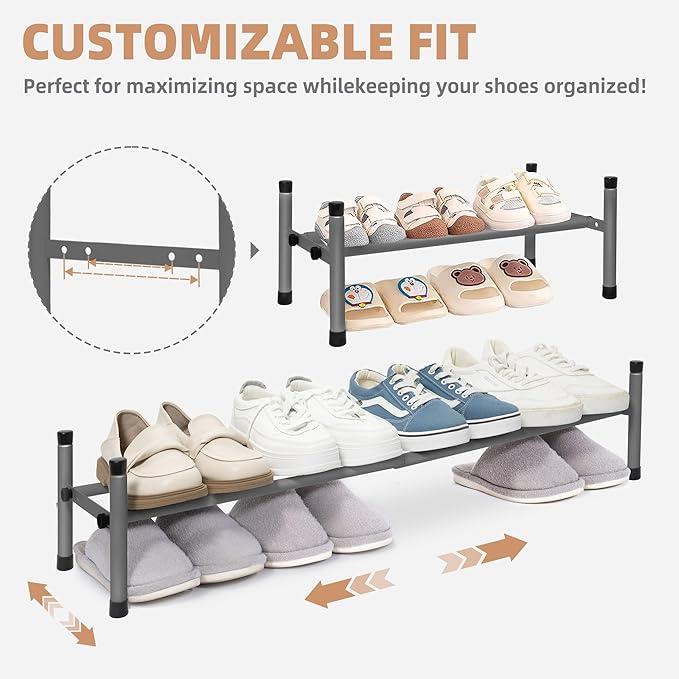 STORAGE MANIAC Expandable Shoe Rack, 4 Pairs Stackable Small Shoe Rack, Metal Adjustable Shoes Organizer for Closet, Entryway