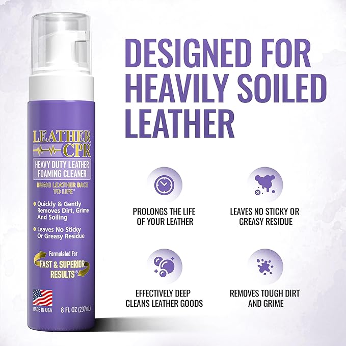 Leather CPR Heavy Duty Leather Foaming Cleaner - 8 oz - Car Interior Cleaner For Heavy Dirt & Grime, Heavily Soiled Furniture