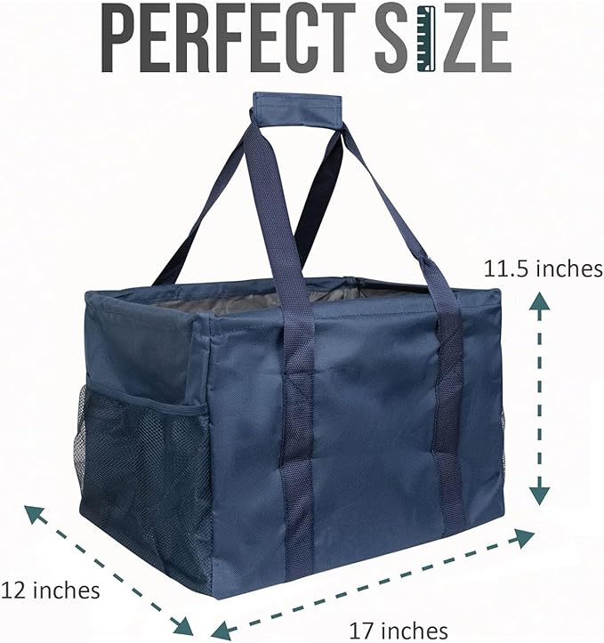 Extra Large Utility Tote Bag - Oversized Collapsible Tote with Wire Frame, Durable Reusable for Beach, Groceries, Laundry, Car Trunk, Storage and Travel - Includes 5x7 Bag with Hook - Navy Blue