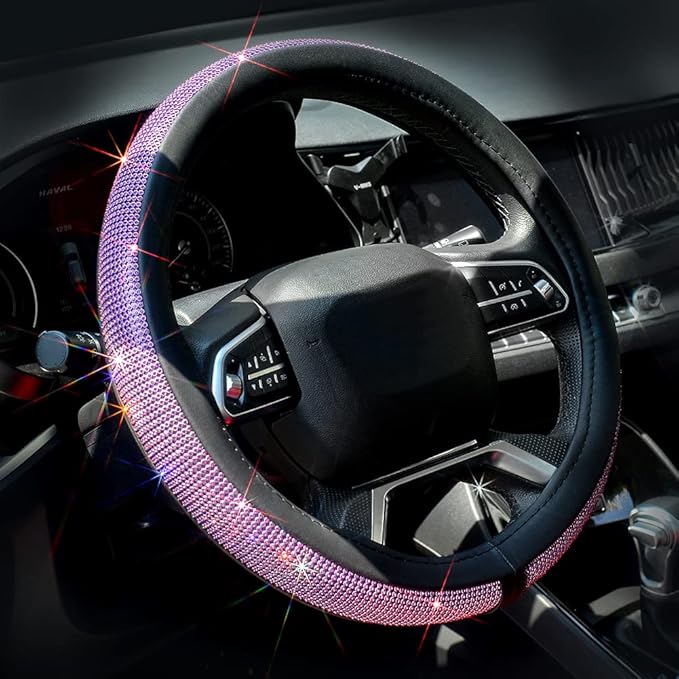 ChuLian New Diamond Leather Steering Wheel Cover with Bling Bling Crystal Rhinestones, Universal Fit 15 Inch Car Wheel Protec