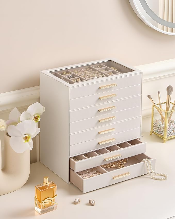 Lolalet Jewelry Box Organizer, 8-Layer Jewelry Organizers and Storage Case with Glass Lid, Ring Earring Bracelet Necklace Hol