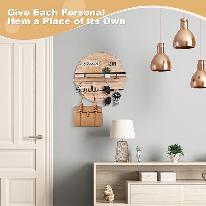 Key Holder for Wall Decorative, Key Hooks Wall Mounted with Shelf and Wooden Key Holder Round Key Hooks for Entryway Mudroom 