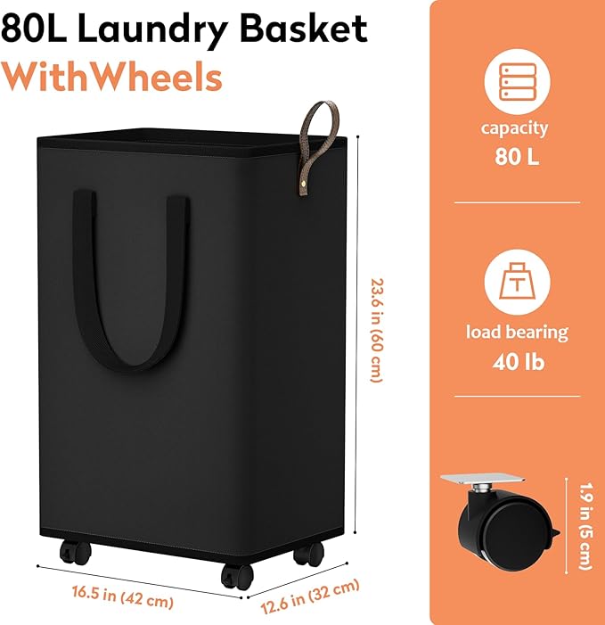 SpaceTrove Laundry Basket with Wheels, Collapsible Laundry Baskets, Laundry Hamper with Handles Detachable Wheels, Rolling La