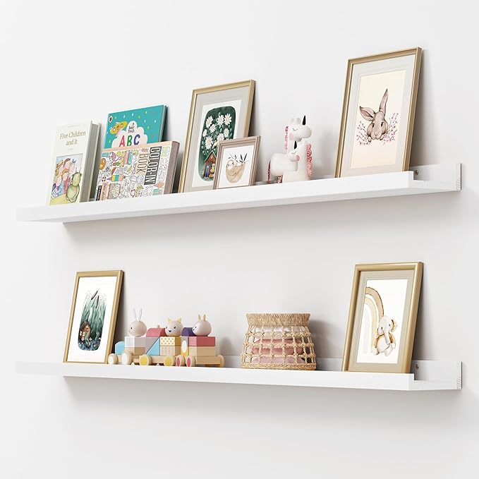 Picture Ledge Shelf, Floating Shelves Set of 2, Solid Ash Wood 56'' Long Large Nursery Book Shelves for Toys Storage, Kids Bo