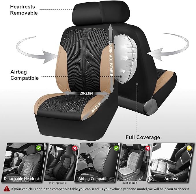 CAR PASS Waterproof Black Beige Car Seat Covers Front Seat Covers Neoprene Wetsuit,All-Weather Non-Slip Durable,Universal Fit