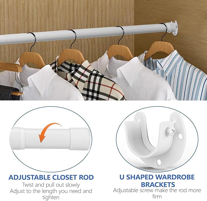 Closet Rod, 17 to 68Inch Closet Rods for Hanging Clothes, Heavy Duty Adjustable Closet Hanging Rod Bar White Closet Poles for