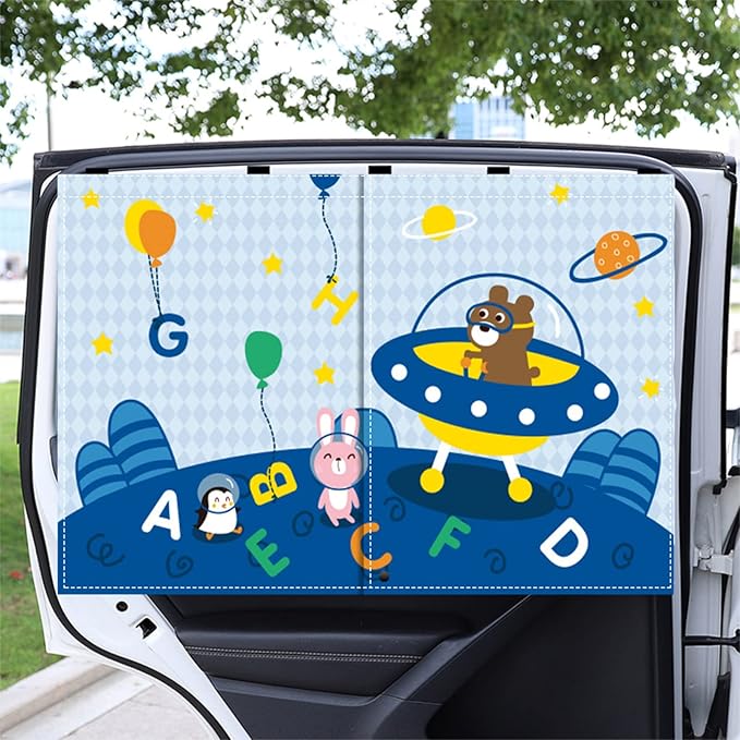 Car Sun Shade for Baby - EOHMAK Car Side Window Sun Shade Cover Upgrade Double Opening Car Interior Curtain Sun Blocker Blind (Alphabet Planet, 2 Pack)