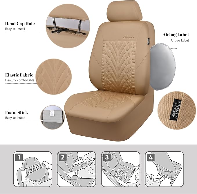 CAR PASS Car Seat Covers Two Front Only for Car, 3D Tyre Print Automotive Interior Covers, Airbag Compatible, Quick Setup Uni