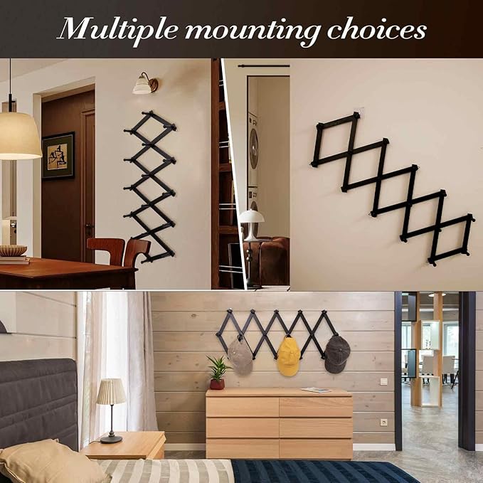 SCUNDA Accordion Wall Hanger with 16 Hooks, Wooden Wall Expandable Coat Rack for Coat, Hats, Baseball Caps, Coffee Mug, Jewel