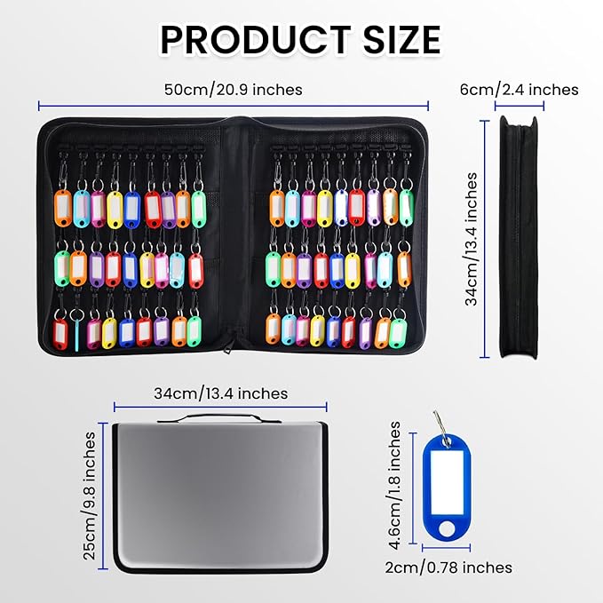 Zippered Case, Portable Organizer With Handle, Waterproof & Fireproof Binder With 54 Hooks and Tags, Key Box for Estate Sales